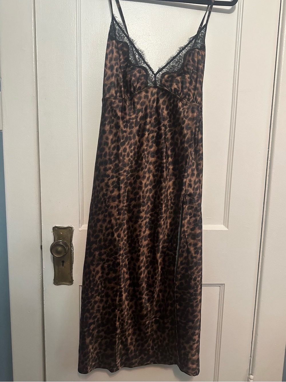 NWT Shapellx Leopard-Print Satin Slip Chemise with Black Lace Trim (3X)